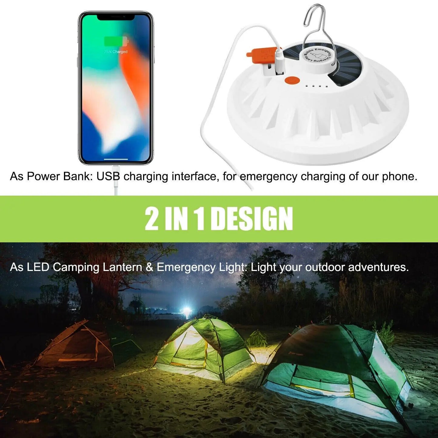 Lámpara de camping recargable para exteriores con 60 LED, USB y solar, para senderismo