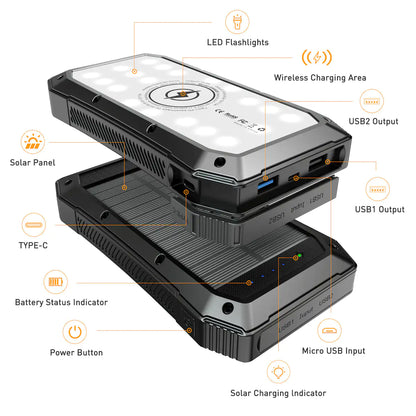 Sun Chaser Solar Powered Wireless Phone Charger 20,000 mAh With LED Flood Light