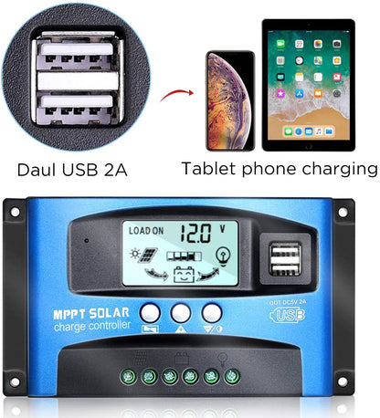 MPPT Solar Panel Regulator Charge Controller Auto Focus Tracking 30-100A 12V/24V